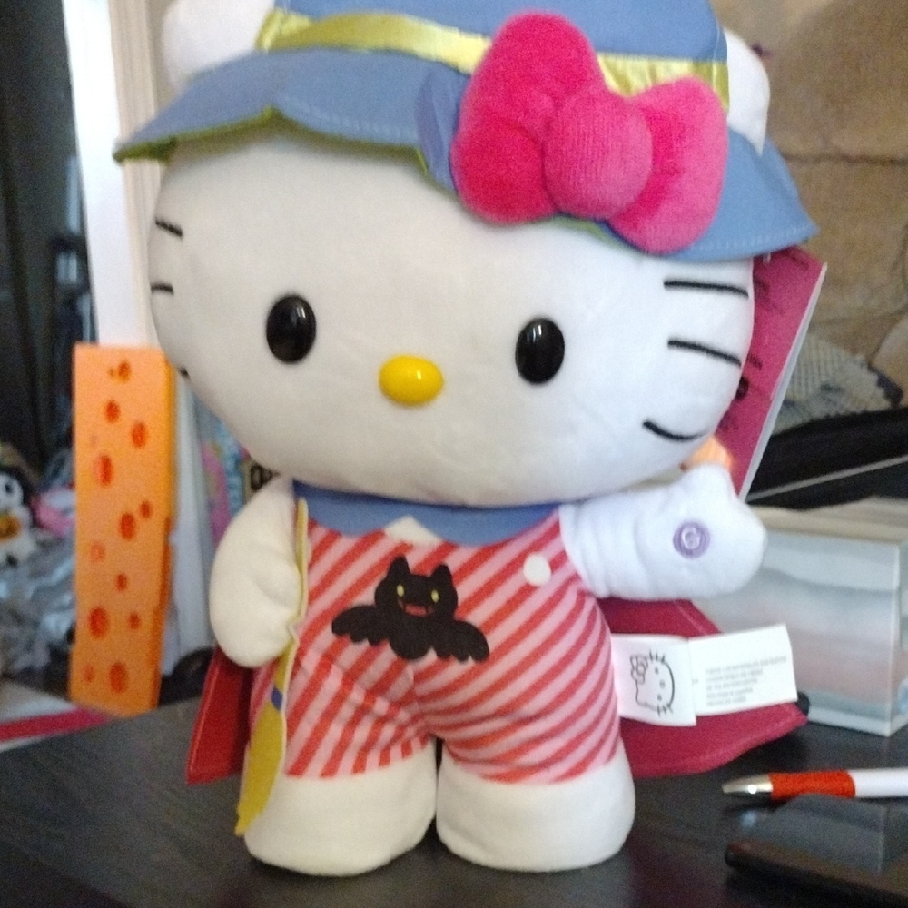Hello Kitty Animated Plush with Pink Bow and Striped Overalls. 16"Tall NWT